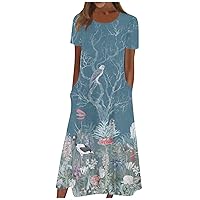 Summer Dresses for Women 2024 Casual Fashion Floral Print Short Sleeve Round Neck Dress with Pocket