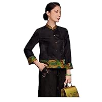 Women's Silk Blouse Fragrant Cloud Yarn Heavyweight Jacquard Printed Top Modified Cheongsam Shirt Dress 30