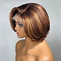 Highlight #4/27 Color Short Bob Human Hair Wig 13x6 Honey Blonde Pixie Cut Short Wavy HD Transparent Lace Front Wig Pre Plucked Brazilian Remy Hair 150% Density with Baby Hair Bleached Knots 8inch