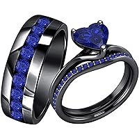 3CT Heart Shape Blue Sapphire 14k Black Gold Plated 925 Sterling Silver Couple His & Hers Trio 3 Ring Bridal Matching Engagement Wedding Ring Band Set