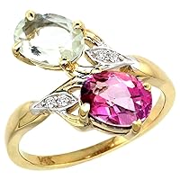 14k Yellow Gold Diamond Natural Green Amethyst & Pink Topaz 2-Stone Ring Oval 8x6mm, Sizes 5-10