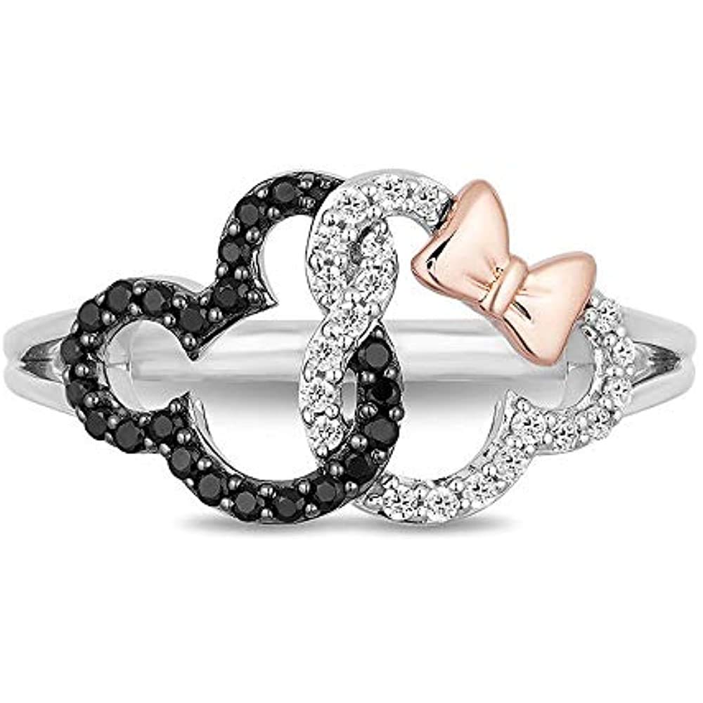 Round Cut Cubic Zirconia 14k White Gold Plated 925 Sterling Silver Interlocking Mickey & Minnie Mouse Ring For Her