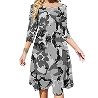 Grey Camouflage Women's 3/4 Sleeve Midi Dress High Waist Backless Evening Floral Dresses