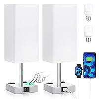 aooshine Set of 2 Touch Nightstand Lamp with USB-C+A Charge Ports& AC Outlets, 3-Way Dimmable Bedside Lamp with White Fabric Shade,Small Table Lamp for Bedroom Guest Room(Bulb Included)