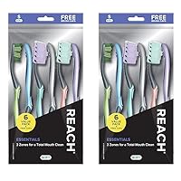 Reach Essentials Toothbrush with Toothbrush Caps, Multi-Zoned Angled Soft Bristles, Contoured Handle, Tongue Scraper, 6 Count (Pack of 2)