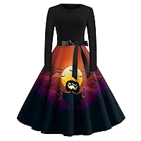 HTHLVMD Halloween Cute Bat Print Dress for Women 2023,Gothic Long Sleeve Round Neck Dresses with Belt Party Dresses