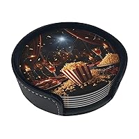 Movie Night Party Print Leather Coasters Set of 6 Waterproof Heat-Resistant Drink Coasters Round Cup Mat with Holder for Living Room Kitchen Bar Coffee Decor