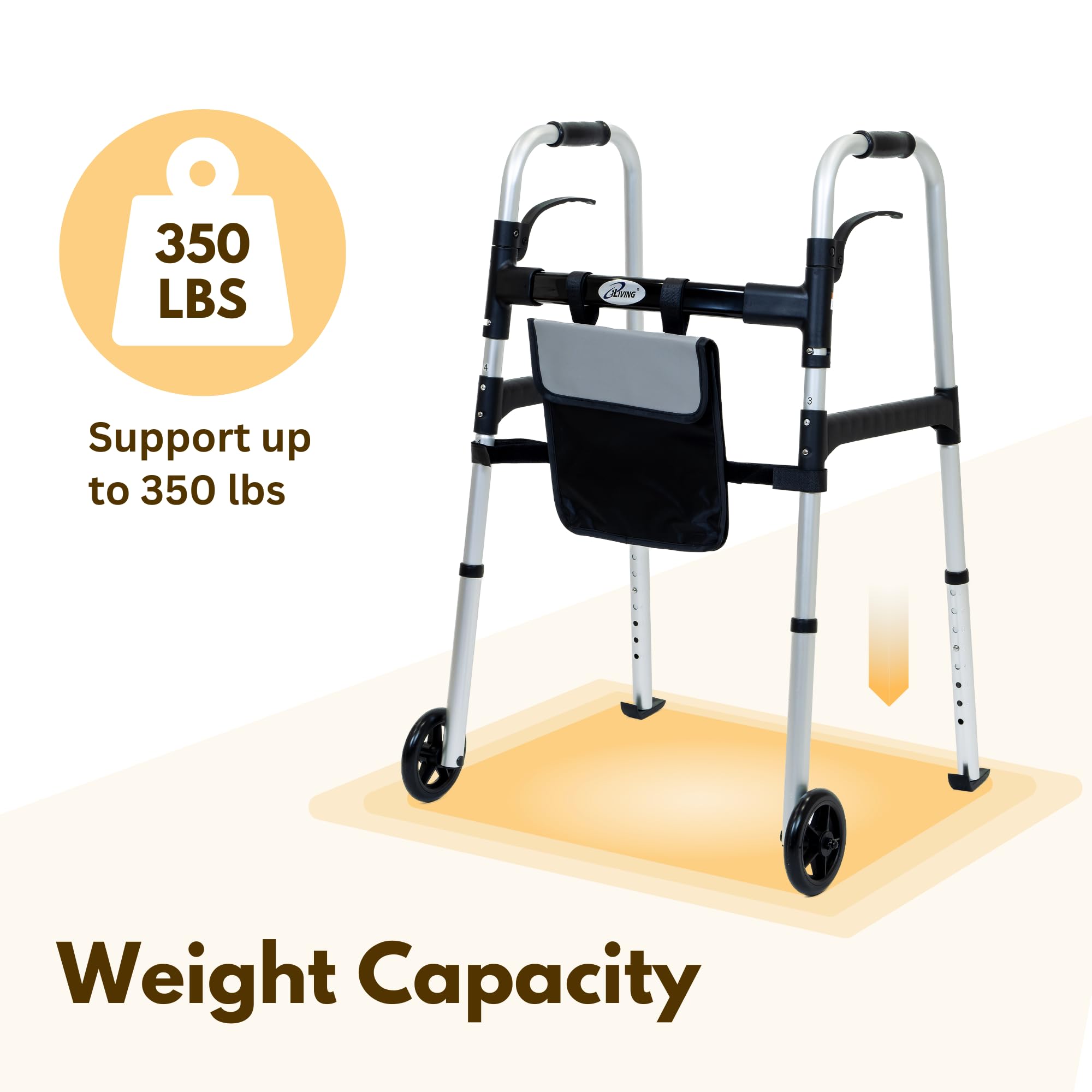 iLiving Easy Folding Rolling Walker with Shopping Bag Basket and Glide Skis - Upright Mobility Aid for Senior or Adults, Foldable and Adjustable Height Supports up to 350 lbs, Standard Walker, Silver