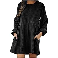 Womens Ribbed Knit Babydoll A-Line Dress with Pockets 2023 Fall Crewneck Patchwork Long Sleeve Mini Sweater Dresses