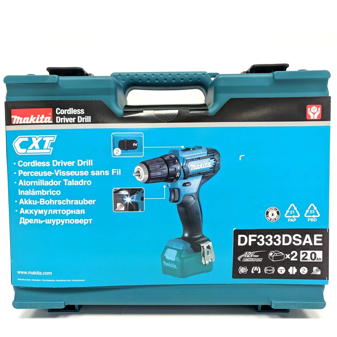 Makita DF333DSAE Akku-Bohrschrauber 12 V max. / 2,0 Ah, 2 Akkus + Ladegerät im Transportkoffer, Schwarz, Blau