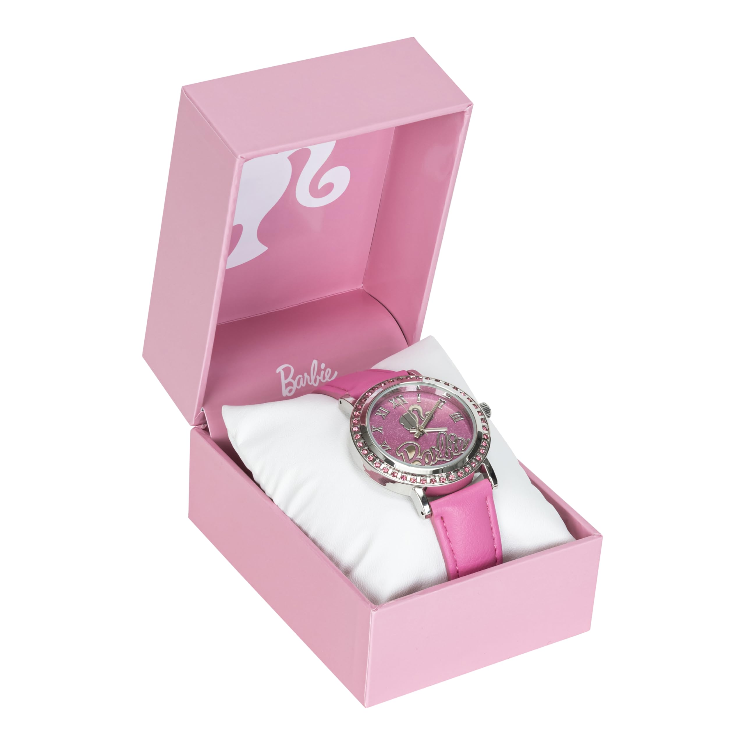 Accutime Barbie The Movie Womens Pink Analog Watch with Faux Leather Band Strap - Barbie The Movie Glitter Silhouette Pink Face (Model: BAR5017AZ)