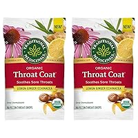 Traditional Medicinals Lozenges, Organic Throat Coat Lemon Ginger Echinacea, Sore Throat Support, 16 Individually Wrapped Lozenges (Pack of 2)