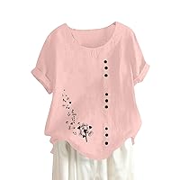 Women Short Sleeve Linen Cotton Shirts 2024 Trendy Crewneck Flower Printed Tees Blouse Casual Comfy Round Neck Summer Tops
