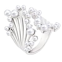 Platinum Plated Wave Ring, Pearl Rings for Women, Women's Fashion Wave Fashion Rings, Art Inspired Design Rings for Women’s Wedding |Girl’s Party Jewelry