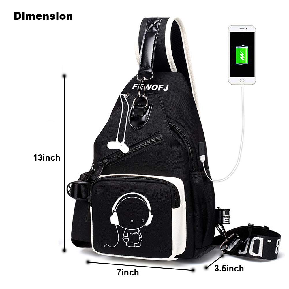 Sling Bag for Mens Women with USB Charger Port, Small Chest Pack with Side Pocket, Fashion Travel School Shoulder Backpack