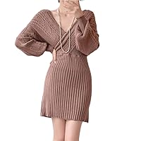 Women Knitting Dress Cross V-Neck Long Sleeve Solid Color Wrapped Lady Mini