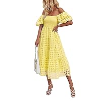 Women's Summer Off The Shoulder Puff Sleeve Plaid Smocked Dress Square Neck Layered Midi Dresses