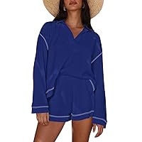 Women's 2023 Fall Casual Waffle Knit Long Sleeve Lounge Sets Casual Top and Shorts 2 Piece Outfits Sweatsuit
