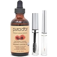 PURA D'OR Organic Castor Oil (4oz + 2 BONUS Pre-Filled Eyelash & Eyebrow Brushes) 100% Pure, Cold Pressed, Hexane Free Serum For Fuller, Thicker Lashes & Brows & Moisturizes Skin