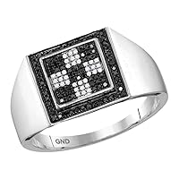 The Diamond Deal 10kt White Gold Mens Round Black Color Enhanced Diamond Checkered Square Cluster Ring 1/4 Cttw