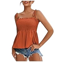 Lighting Deals Spaghetti Strap Tank Tops Women Sexy Casual Camisole Smocked Ruffle Hem Cami Shirt Summer Going Out Top Blouses Textured Blouse For Women
