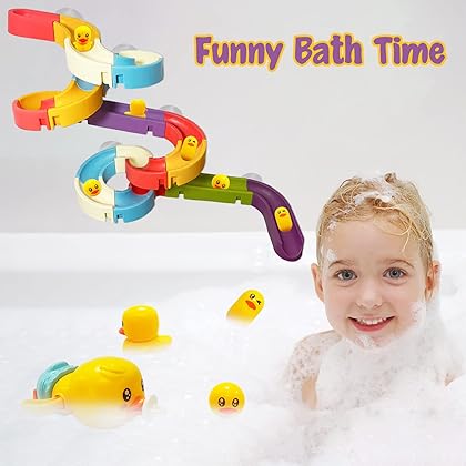 Bath Toys for Kids Ages 4-8, Wall Bathtub Toy Slide for Toddlers 3 4 5 6 Years, Baby Bath Toys with Wind-Up Duck, 35 PCS Slide Shower Tracks Water Toys Gifts for Boys Girls