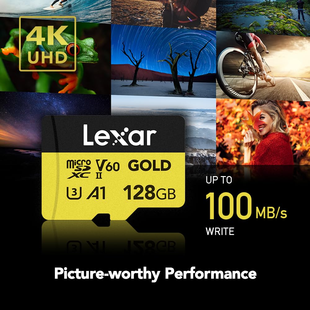 Lexar Professional Gold 128GB microSDXC UHS-II Card, C10, U3, V60, A1, Full HD, 4K UHD, Up to 280/180 MB/s, for Drones, Action Cameras, Portable Gaming Devices (LMSGOLD128G-BNNNG)