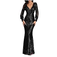 Cocktail Dresses for Women Mother Prom Gown Women's Gliter Slit Long Sleeve Maxi Dress Sequin Evening Formal Party Dress