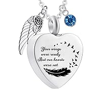 Silver Heart Urn Necklace for Ashes Angel Wings Memorial Cremation Jewelry for Ashes Pendant with Birthstones-Your Wings were Ready But My Heart was Not