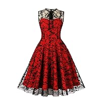 Women Mesh Floral Embroidery Vintage Cocktail Swing Dress Illusion 50s Goth Flared A line Casual Wedding Prom Evening Dress