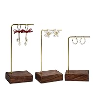 GemeShou 3pcs wooden dangle earring stand holder, hoop earring displays for selling jewelry, mini brass earring hanger【Walnut brass earring stand set-3pcs】
