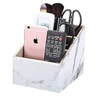 Remote Control Holder with 3 Compartments, Pu Leather Remote Caddy Desktop Organizer for TV, CD, Blu-Ray, Media Player, Heater Controllers and Cosmetics Office Supplies (White Marble)