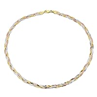 Flat Flexible 14K Yellow Rose Gold Overlay .925 Sterling Silver 5 mm Twist 3 Tri Tone Herringbone Braided Magic Snake Chain Choker Necklace for Women Made in Italy 16 18 20 Inches
