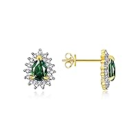 RYLOS 14K Yellow Gold Halo Stud Earrings - 6X4MM Pear Shape Gemstone & Diamonds - Exquisite Birthstone Jewelry for Women & Girls