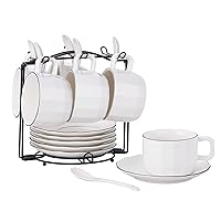 Cappuccino Cups and Stand Set of 6, 7 oz Porcelain Coffee Cups with Saucers for Specialty Coffee Drinks, Latte, Americano and Tea, White with Black Trim