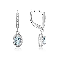 RYLOS Women's Sterling Silver Dangling Earrings - Oval Shape Gemstone & Diamonds - 6X4MM Birthstone Earrings - Exquisite Color Stone Jewelry