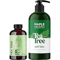 Australian Tea Tree Oil Set - Pure Tea Tree Essential Oil plus Invigorating Tea Tree Body Wash for Dry Oily and Combination Skin Types - Super Cleansing and Refreshing Tea Tree Oil Skin Care Products