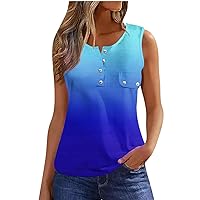 Henley Shirts for Women Sleeveless Tunic Tank Tops Casual Button Down Summer T-Shirt Fashion Gradient Color Tee Blouse