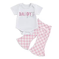 Gueuusu Father's Day Baby Girl Clothes Short Sleeve Daddys Girl Romper Checkerboard Bell Bottom Pants Set 2Pcs Summer Clothes
