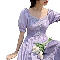 Lolita Dress Summer Dress Women Square Collar Puff Sleeve Purple and White Thin Sweet French Dress (Color : Purple, Size : Large)