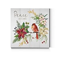 Peace on Earth Wall Art, Christmas & Winter Artwork, Poinsettia, Red Cardinal, & Pine Cones, Premium Gallery Wrapped Canvas Decor, Ready to Hang, 16 in H x 16 in W, Made in America