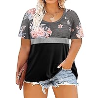 RITERA Plus Size Tops Womnes Floral Tshirt Short Sleeve Color Block Shirt Summer Casual Tee Spring Floral-Black 5XL