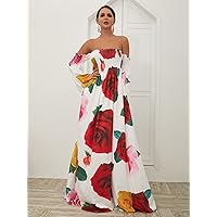Fall Dresses for Women 2023 Off Shoulder Shirred Rose Print Maxi Dress Dresses for Women (Color : Multicolor, Size : Small)
