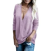 Andongnywell Women Knitted Wrap Front Sweater Deep V-Neck Loose Cross Knit Pullover Wrap Surplice Jumper Fall Top