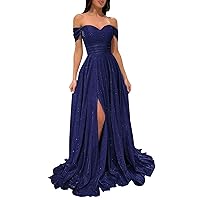 CWOAPO Glitter Prom Dress 2024 Off Shoulder Split Bridesmaid Dresses for Wedding A Line Ball Gowns Pockets