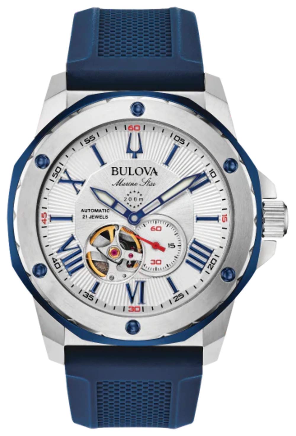 Bulova Men's Marine Star Automatic Blue Silicone Strap Watch | 45mm | 98A225