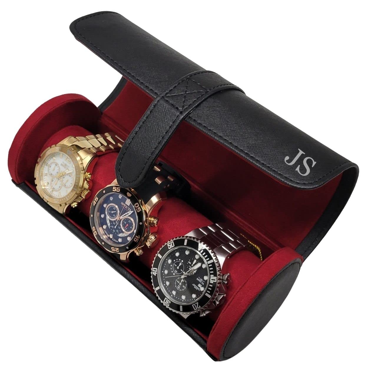 TIMELYBUYS Personalized Deluxe Black Saffiano 3 Watch Bangle Bracelet Travel Watch Case and Jewelry Roll