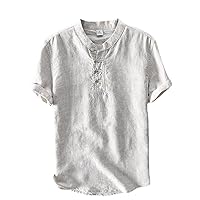 Icegrey Mens Linen Shirts Casual Collarless Short Sleeve T Shirt