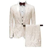 MllesReve Men's Slim Fit 3 Piece Jacquard Floral Wedding Suit Prom Jacket Pants