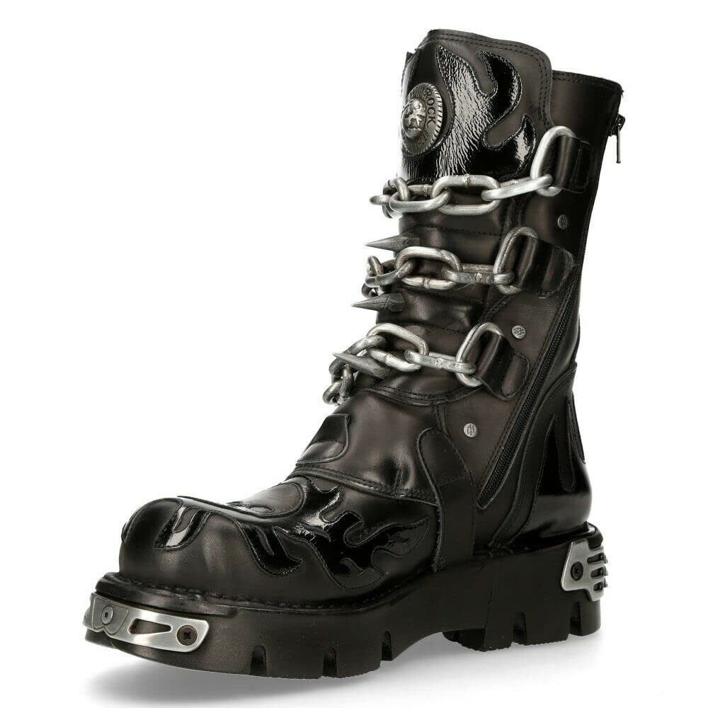 New Rock Men's 727-S1 Metallic Black Leather Spikes Gothic Mid Calf Punk Rock Boots